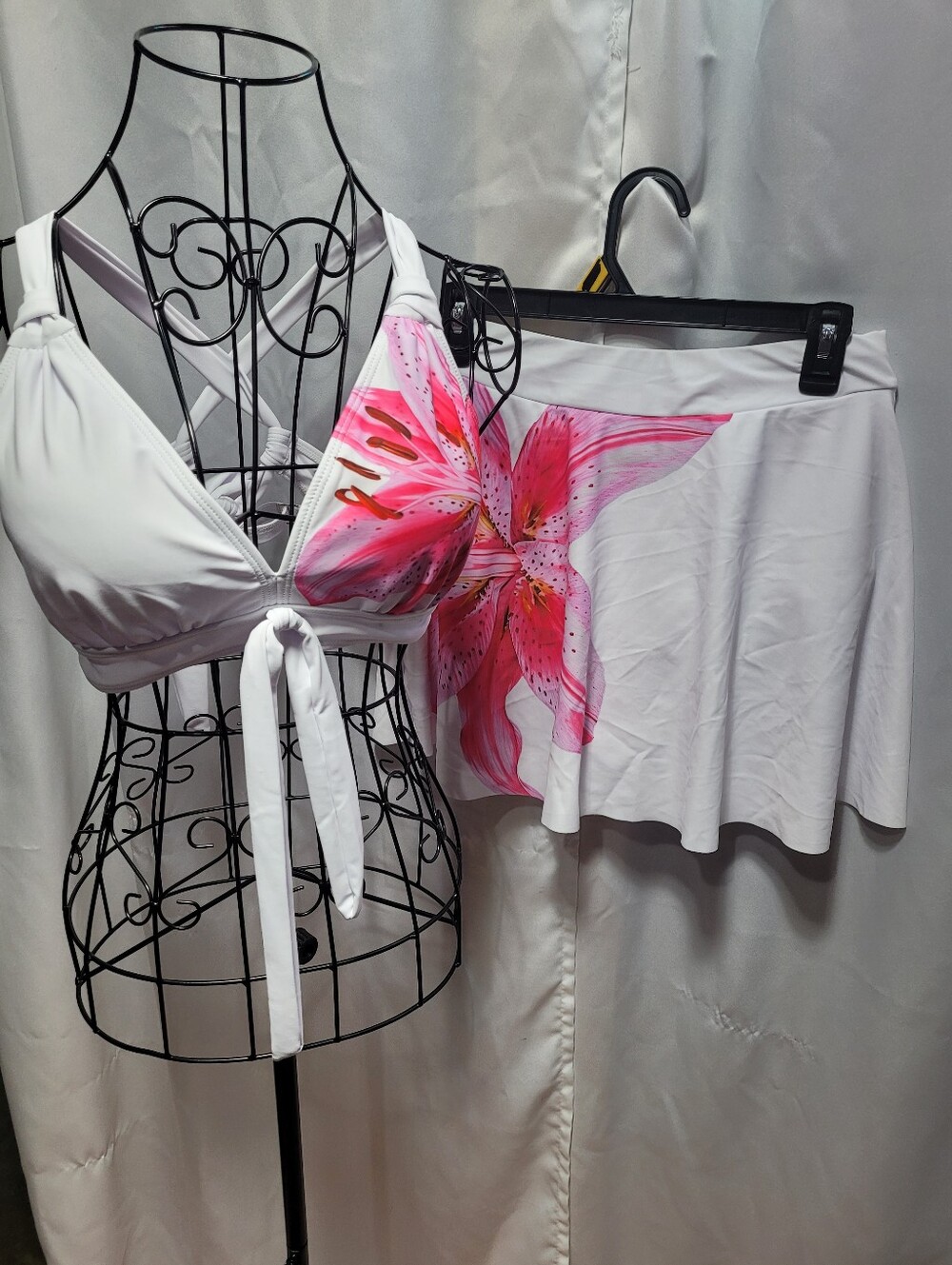 Amazon White Tie-Front Camisole Top with Pink Floral Accent